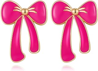 Hot Pink Goldstone Stud Earrings with Push Back for Women and Teens, Bowtie Design Trendy Statement Jewelry Gift