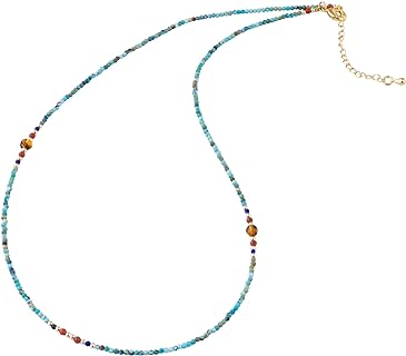 Natural Turquoise Beaded Choker Necklace With Crystal for Women, Handmade Healing Stone Native American Beaded Necklace, December Birthstone| 2mm Beads 18 inch with Adjustable Chain
