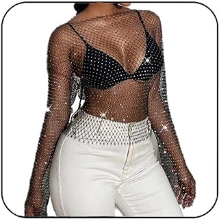 Mesh Tank Top Rhinestone Body Chain Glitter Long Sleeve Cover up Crop Tops Elastic Fishnet Body Jewelry Accessories for Women and Girls