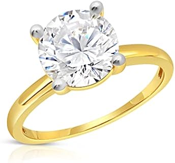 Platinum Diamond Engagement Ring with Cubic Zirconia for Women in Round Solitaire Design, MAX + STONE 3 Carat, 14k Yellow Gold, Size 6