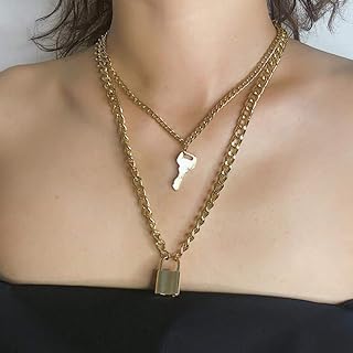 YERTTER Key with Lock Pendant Punk Layering Cable Chain Choker Necklace Boho Jewelry Set Layered Statement Chunky Chain Necklace for Women Man