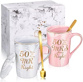 2 Pack 50th Wedding Gifts Coffee Mugs 50 Years Couple Anniversary Cups with Spoons Birthday Present of Being Mr Mrs Always Right for Parents Celebrating Golden 50th Anniversary, 14 Ounce
