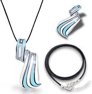 Handmade Murano Inspired Blown Glass Lampwork Art Sky Blue Stripe Twist Artisan Handmade Black Golden Necklace Pendant Handcrafted ArtisaN Hypoallergenic Italian Style Jewelry
