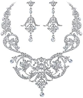 EVER FAITH Bridal Silver-Tone Art Deco Flower Leaf Necklace Earrings Set Clear Austrian Crystal