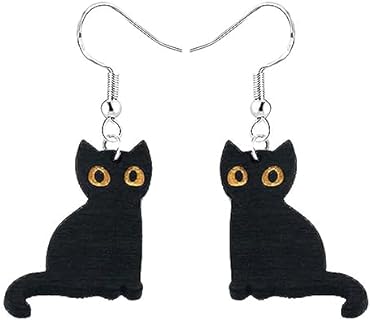 Women's Kawaii Halloween Black Cat Dangle Earrings with French Wire Back Finding - Lightweight Wooden Drop Design