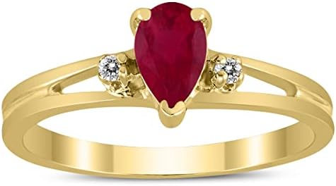 6X4MM Ruby and Diamond Pear Shaped Open Three Stone Ring in 10K Yellow Gold