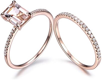 Morganite Engagement Ring Set 6x8mm Emerald Cut 14k Rose Gold Claw Solitaire Pave Diamond Stacking Band