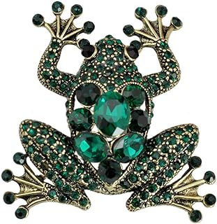 Gyn&Joy Brass Tone Peridot Green Colored Rhinestone Crystal Frog Brooch Pin Vintage Animal Jewelry BZ059