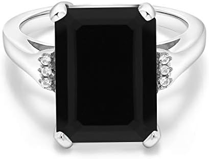 Gem Stone King 925 Sterling Silver Black Onyx Engagement Ring For Women (6.67 Cttw, Emerald Cut 14X10MM, Gemstone Birthstone, Available in size 5, 6, 7, 8, 9)