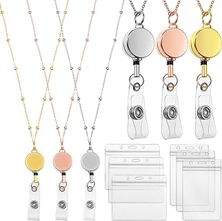 Retractable Badge Reel Lanyard with ID Holder, 3 Pieces Beaded Badge Lanyard Necklace with 6 Waterproof Name Card Holder Stainless Steel ID Holder Necklace for Women Men (Rose Gold, Silver, Gold)