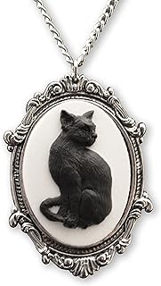 Black Cat Cameo in Antique Silver Finish Pewter Frame Pendant Necklace