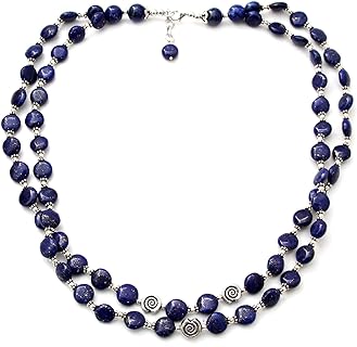 Lobster Clasp Lapis Lazuli Bead Necklace with Sterling Silver Ball Chain, Handmade in India, Perfect for Women, 22'' Blue Round Midnight Design Necklace