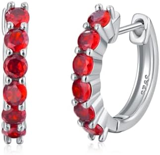Classic 925 Sterling Silver Garnet Hoop Earrings with Hinged Hoop Back Finding for Women's Everyday Elegance & Special Occasions