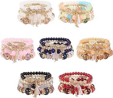 YADOCA 7 Sets Bohemian Stackable Beaded Bracelets for Women Men Boho Stretch Multilayered Bead Bangles Bracelet Set with Charm Multicolor Statement Jewelry