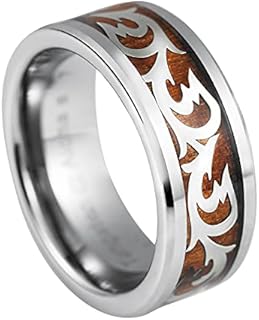 Tungsten Carbide Tribal Wedding Rings with Hawaiian Koa Wood Design for Men & Women, Dome Style-Shaped Comfort-fit Band