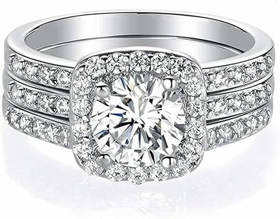 2.8 Ctw Moissanite Wedding Ring Set for Women 3 Pieces Halo Bridal Ring Set Engagement Ring Set Platinum Plated Silver 10K 14K 18K Gold Promise Rings for Her