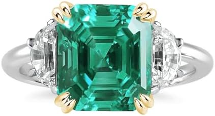4.5ct Women's Two-Tone Emerald Engagement Ring,Asscher Cut Green Paraiba Tourmaline Three Stone Promise Ring in 925 Sterling Silver
