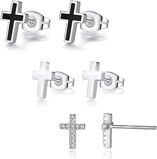 REVEMCN 925 Sterling Silver and Stainless Steel Cross Stud Earrings for Women Men, 3 Pairs