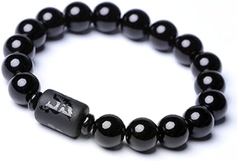 Natural Obsidian Stone Bead Bracelet Couple Men 10mm and Women 8mm Dragon and Phoenix Totem Jewelry