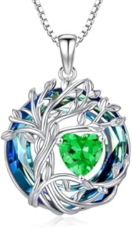 Lobster Clasp Emerald Gem Tree of Life Crystal Necklace on Box Chain - Sterling Silver Gold Plated - Unique Gift for Women and Girls with Diverse Birthstones