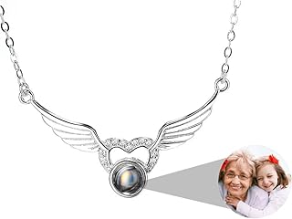 Necklace with Picture Inside Personalized Photo Projection Angel Wing Sterling Silver Pendant Custom Jewelry Birthday Anniversary Memorial Customized Gifts for Women Wife Girls Mom Her