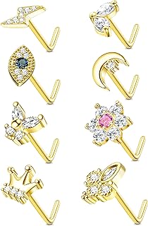 JOERICA 8-Piece Evil Eye and Butterfly Nose Ring Set, L-Shaped 316L Stainless Steel with Cubic Zirconia Accents, Perfect for Women