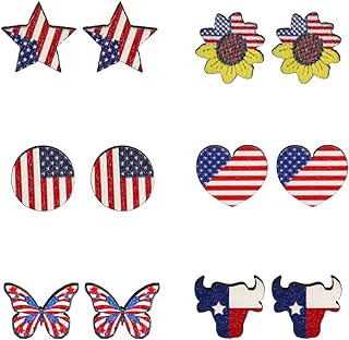 Women's Fourth of July Wooden Stud Earrings with Push Back - Heart, Star, Butterfly American Flag Design Set - Patriotic Independence Day Jewelry Gift, Pack of 6