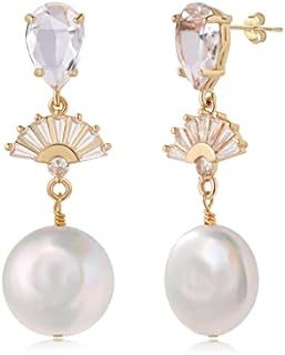 Art Deco 14K Gold Freshwater Pearl and Cubic Zirconia Dangle Earrings for Women - Boho Bridal Wedding Chandelier Drops for Brides or Bridesmaids with Secure Push Back