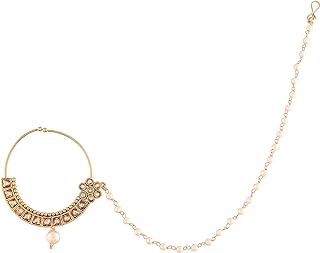 I Jewels 18k Gold Plated Indian Wedding Bollywood Ethnic Bridal Nose Ring/Nath without piercing with Pearl Chain Encased with Pearl Stone for Women/Girls (NL37)