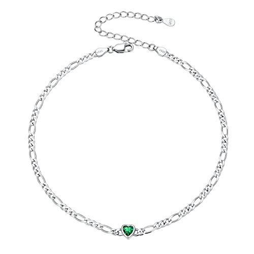 SILVERCUTE Figaro Anklets for Women, Sterling Silver Diamond Cut 3mm Link Chain Ankle Bracelet with Heart/Round Birthstone, Length 8.5"-10.5"