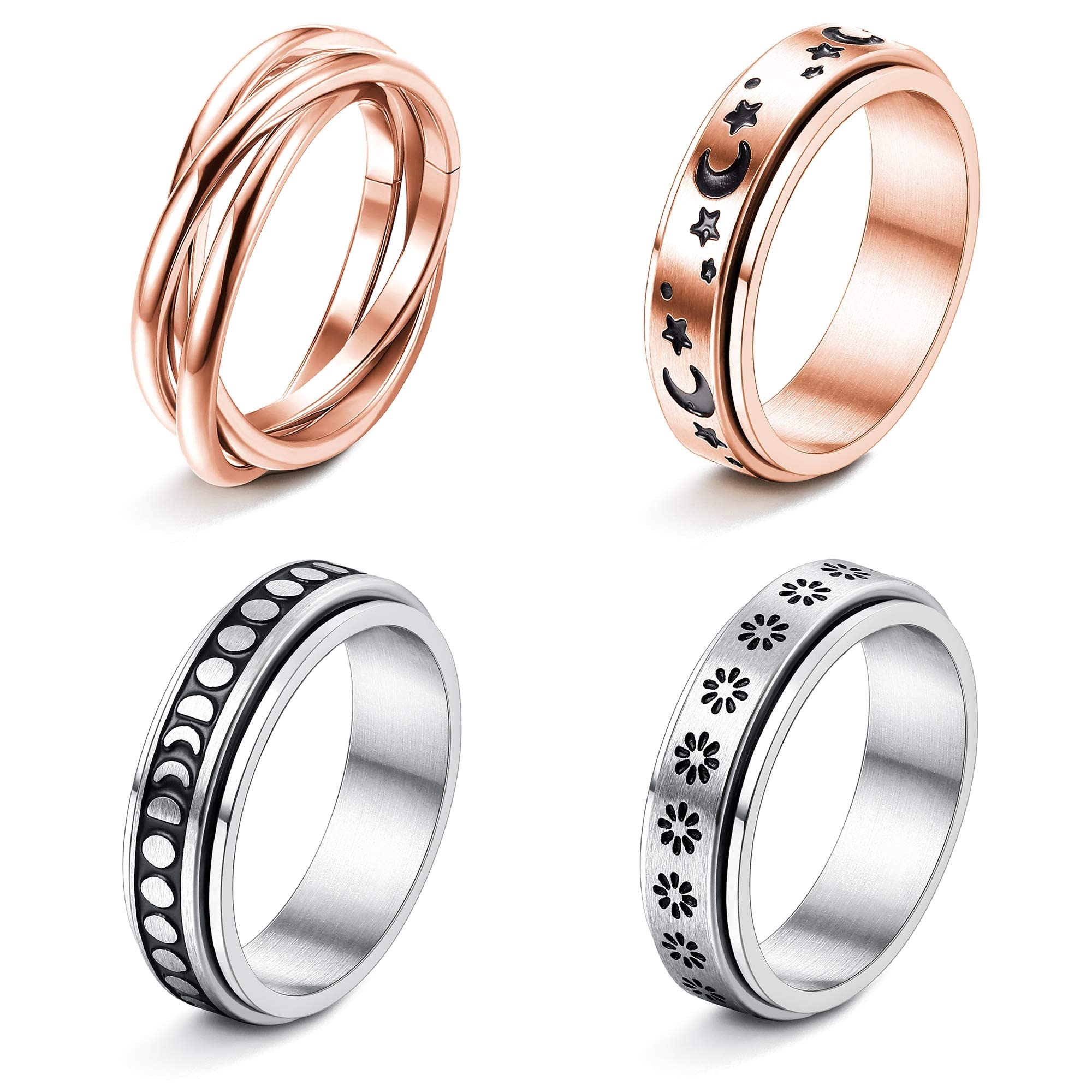FUNRUN JEWELRY 4-6Pcs Stainless Steel Spinner Ring for Women Mens Fidget Band Rings Moon Star Celtic Stress Relieving Wide Wedding Promise Rings Set