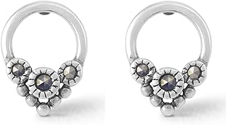 Sterling Silver Circle Bead Marcasite Stud Earrings with Push Back Clasp for Women, Handcrafted in Thailand