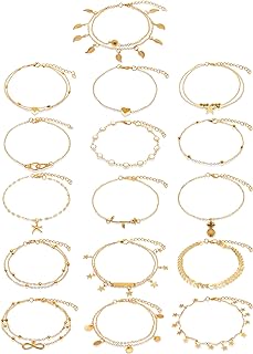 Shein Bead Chain Anklets with Lobster Claw Clasp, 16-Piece 14k Alloy Set for Women & Girls, Adjustable Beach and Boho Inspired Designs, Perfect Gift Option