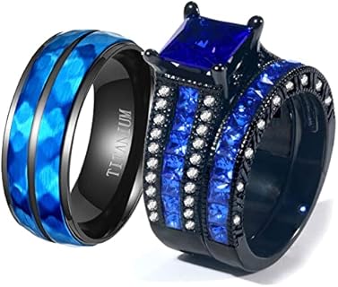 ringheart 2 Rings His and Her Ring Couple Rings Matching Ring 1.5ct Blue CZ Womens Wedding Ring Sets for Him and Her Wedding Bands
