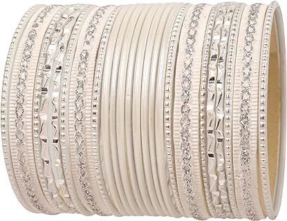 Touchstone 2 Dozen Bangle Collection Indian Bollywood Alloy Metal Textured Color Designer Jewelry Special Large Size Bangle Bracelets Set of 24 in Gold or White Tone for Women