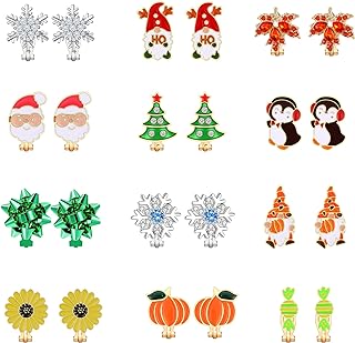Clip-On Christmas Earrings with Zinc Clip On Backing for Teen Girls and Women, Snowflake-Penguin-Christmas Tree Designs, Set of 12 Pairs