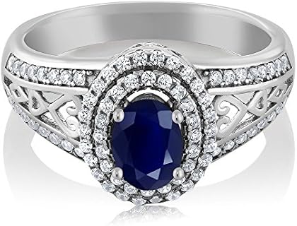 Platinum Sapphire and Zirconia Engagement Ring with Sterling Silver for Women - Gem Stone King Design