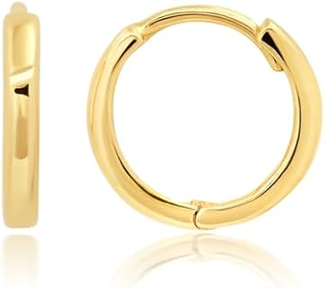 14k Solid Yellow Gold Domed or Flat Style Small Huggie Hoop Earrings with Hidden Post Hinge Closure in Various Sizes by MAX + STONE