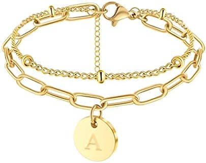 18K Gold Initial Bracelets for Teen Girls Women Beaded Initial Charm Bracelet for Women Adjustable Layered Papercilp Link Chain A-Z Letter Jewelry Christmas Mother's Day Birthday Gift Idea for Her