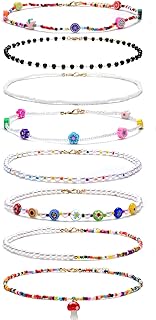 Akeoqi 8 Pieces Choker Necklace Y2K Colorful Cute Boho Glass Bead Handmade Necklace Flower Fruit Shape Necklace Size Adjustable Choker Jewelry for Women
