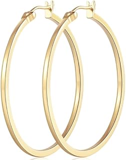 14K Gold Hoop Earrings for Women Large Gold Hoop Earrings Round Square-edge Gold Earrings for Women 14 Karat Gold Hoops Earrings Women’s Hoop Earrings (40mm) (40mm-yellow gold)