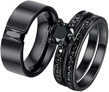 ringheart 2 Rings His and Hers Couple Rings Black Cz Rings Womens Wedding Ring Sets Titanium Steel Mens Wedding Bands