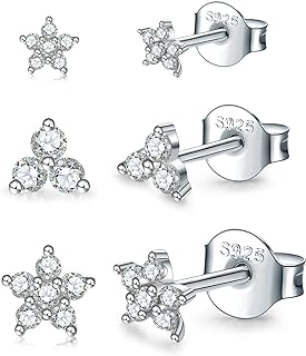Sterling Silver Stud Earrings for Women Men, Flower Cubic Zirconia Stud Earrings Set | Small Cartilage CZ Hypoallergenic Tragus Piercing Earrings for Girls Teens 3mm 4mm 5mm