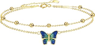KECHO Women's 14k Yellow Gold Butterfly Anklet with Rolo Chain and Lobster Claw Clasp - Elegant Gold Jewelry Gift