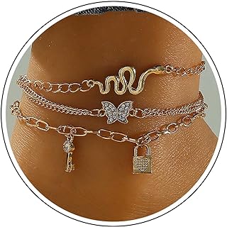 Snake Anklet with Cubic Zirconia & Rhinestone for Women/Girls in Heart Design - Zeshimb Gold Tennis Ankle Bracelet Set