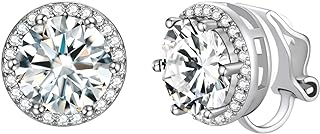 FindChic 925 Sterling Silver Non-Pierced Stud Earrings Round Birthstone Clip-on Earrings for Women Girls Sparkling Zirconia/Moonstone Studs, with Gift Box