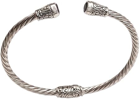 NOVICA Artisan Handmade Amethyst Cuff Bracelet Sterling Silver from Bali Purple Indonesia Birthstone [6 in L (end to End) x 0.2 in W] ' Spiral Temple'