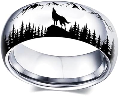 Stainless Steel Wolf Wedding Ring With No Gemstone for Men & Women, Size 7-13, Forest Animal Design