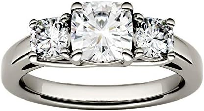 Charles & Colvard Cushion Cut Moissanite Engagement Ring in 14K White Gold with Rhodium Plating and Three Stone Trellis Design, 1.76cttw DEW