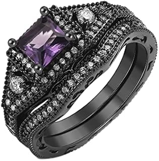 Danielle Bridal Set Black Purple Pink or Blue Cubic Zirconia Black Plated Wedding Band Engagement Ring for Women by Ginger Lyne Gothic Birthstone Fashion Jewelry